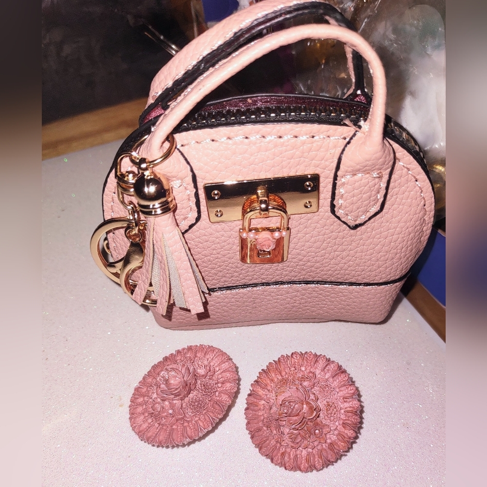 Mini Bag Charm Key Chain Rose & Pearls Accents